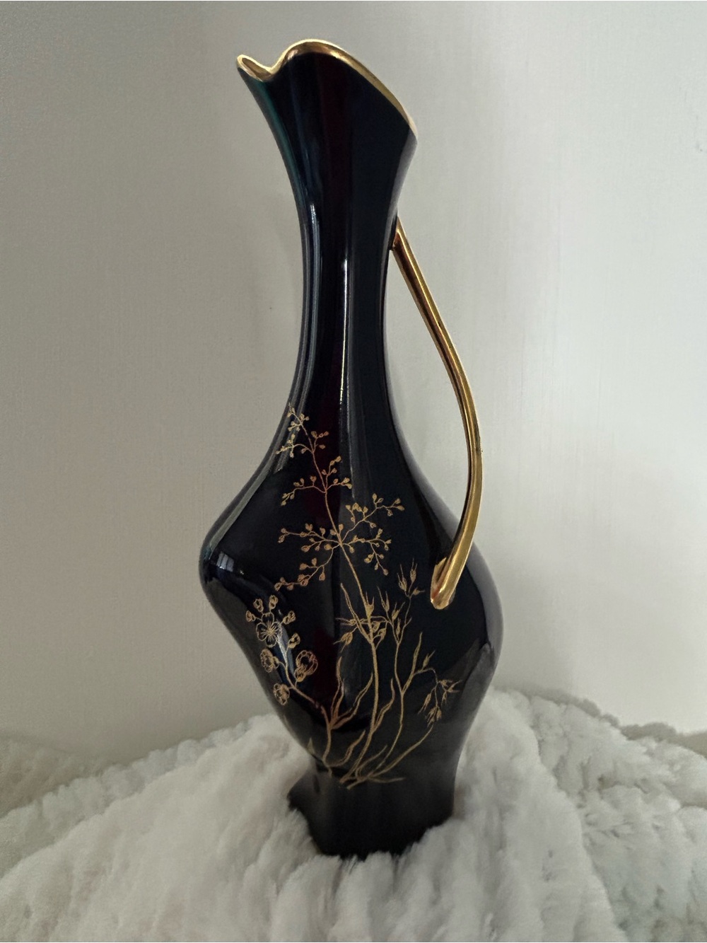 Vtg Linder Kueps Bavaria Cobalt Blue Porcelain Vase, Gold Handle, hand  painted
